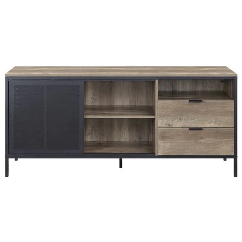Benjara TV Stand with Metal Frame- Rustic Oak Brown and Black