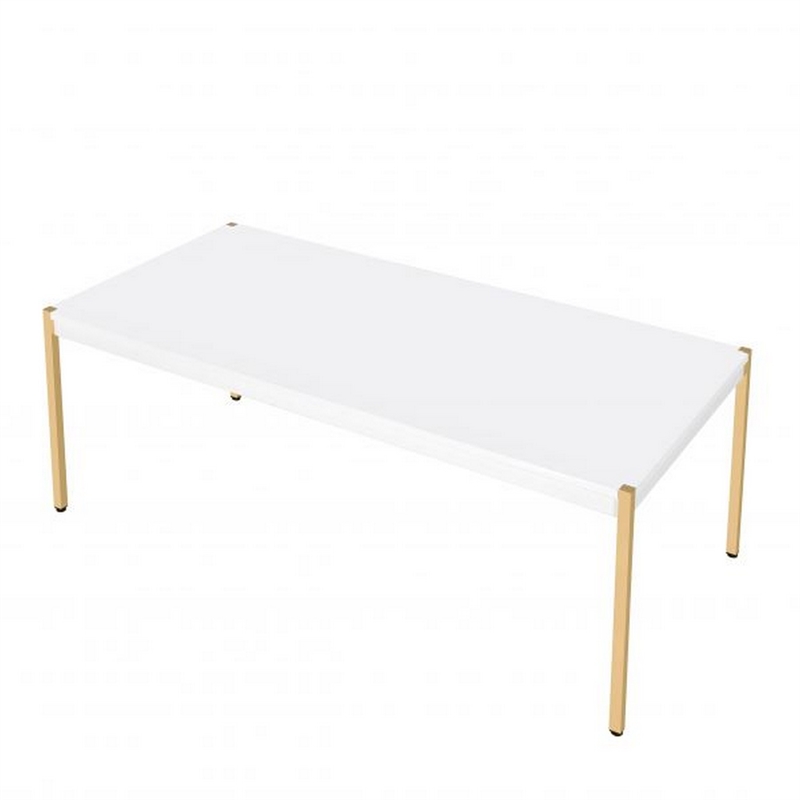 Benjara Coffee Table with Metal Tube Legs- White and Gold