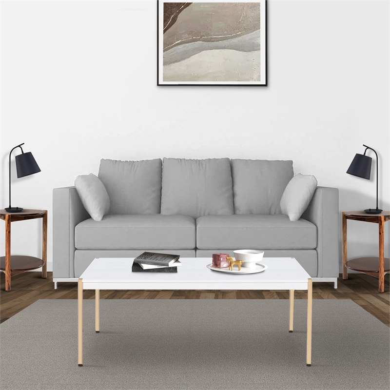 Benjara Coffee Table with Metal Tube Legs- White and Gold