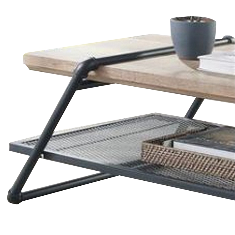 Benjara Coffee Table with Wooden Top and Mesh Shelf- Brown and Black