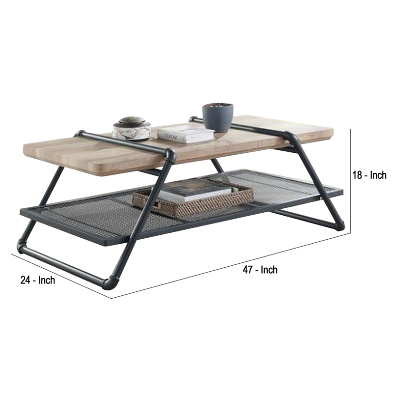 Benjara Coffee Table with Wooden Top and Mesh Shelf- Brown and Black