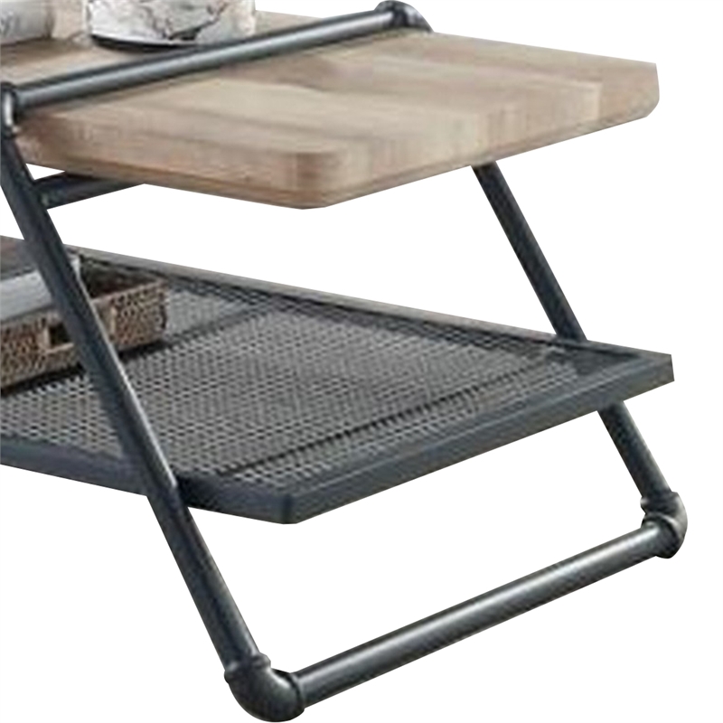 Benjara Coffee Table with Wooden Top and Mesh Shelf- Brown and Black