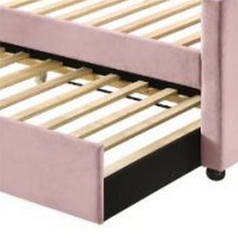 Benjara Twin Daybed with Sloped Track Arms and Trundle- Pink
