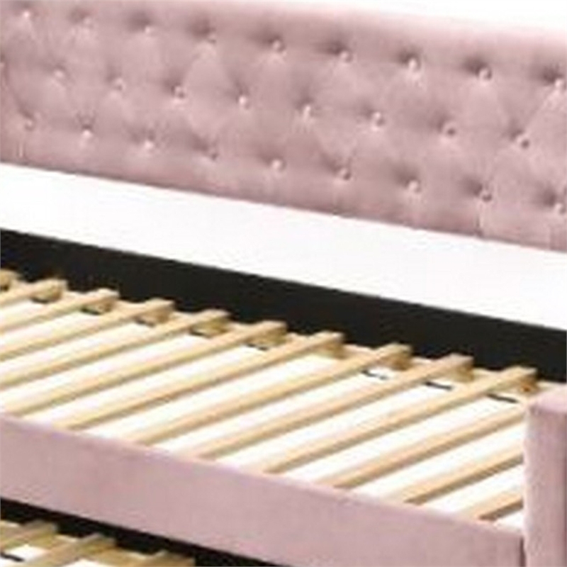 Benjara Twin Daybed with Sloped Track Arms and Trundle- Pink