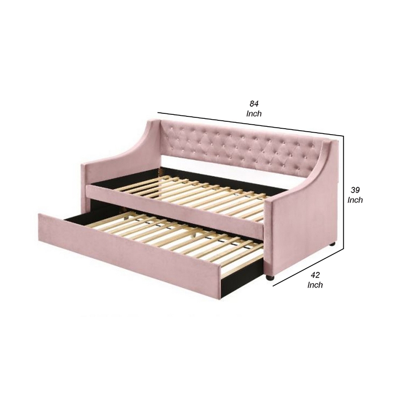Benjara Twin Daybed with Sloped Track Arms and Trundle- Pink