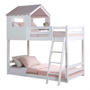 Benjara Twin Over Twin Bunk Bed with Fixed Ladder and Pitched Top Roof- White