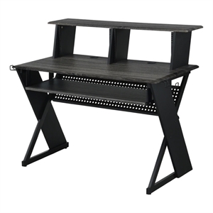 Benjara Tin 47&quot Wood Music Desk Studio Station- Keyboard Tray- Shelves- Gray