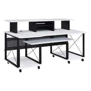 Benjara 72&quot Music Desk Workstation- Crossed Metal Panels- Keyboard Tray- White