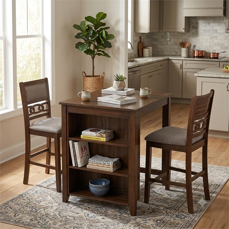 Benjara Gary 3 Piece Counter Table Set- Cherry Brown