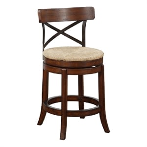 Benjara Mia 24&quot Swivel Counter Stool- Crossed Metal Back- Sedge Seat- Brown