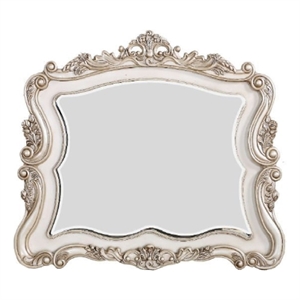 Benjara 50&quot Solid Wood Mirror- Scalloped- Scroll Ornate Trim- Antique White