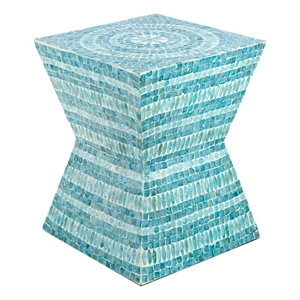 Benjara 14&quot Capiz Accent Table Stool- Blue Mosaic Geometric Hourglass Shape