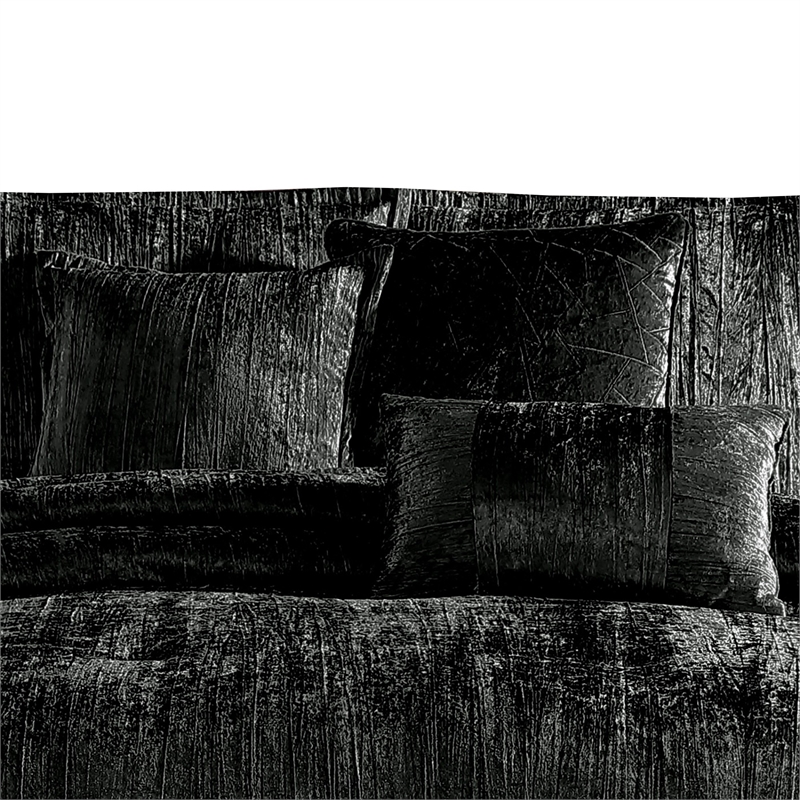 Benjara Jay 7 Piece King Comforter Set- Polyester Velvet- Deluxe Texture Black