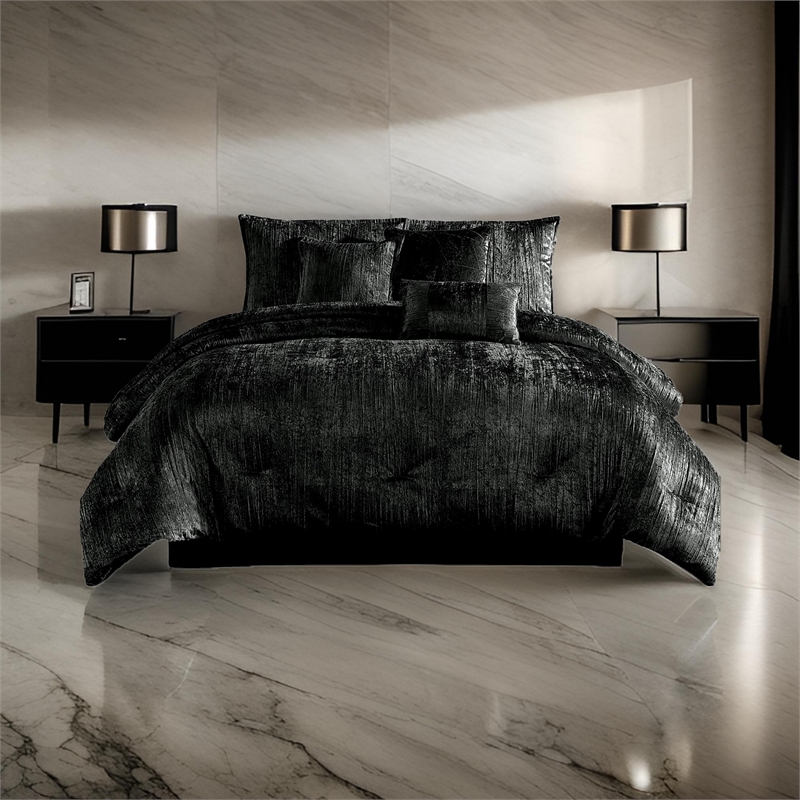 Benjara Jay 7 Piece King Comforter Set- Polyester Velvet- Deluxe Texture Black