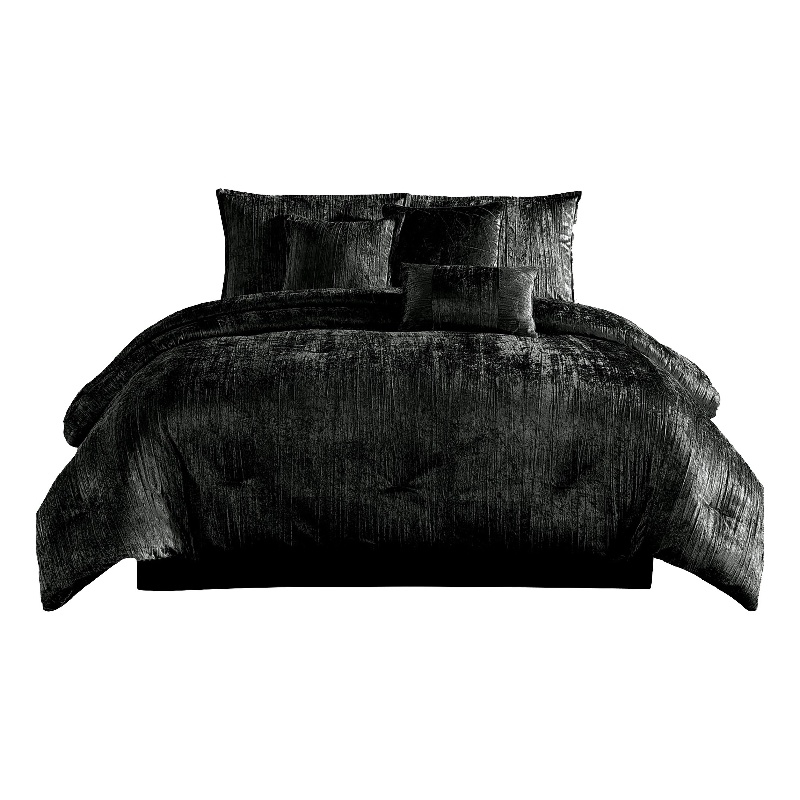Benjara Jay 7 Piece King Comforter Set- Polyester Velvet- Deluxe Texture Black