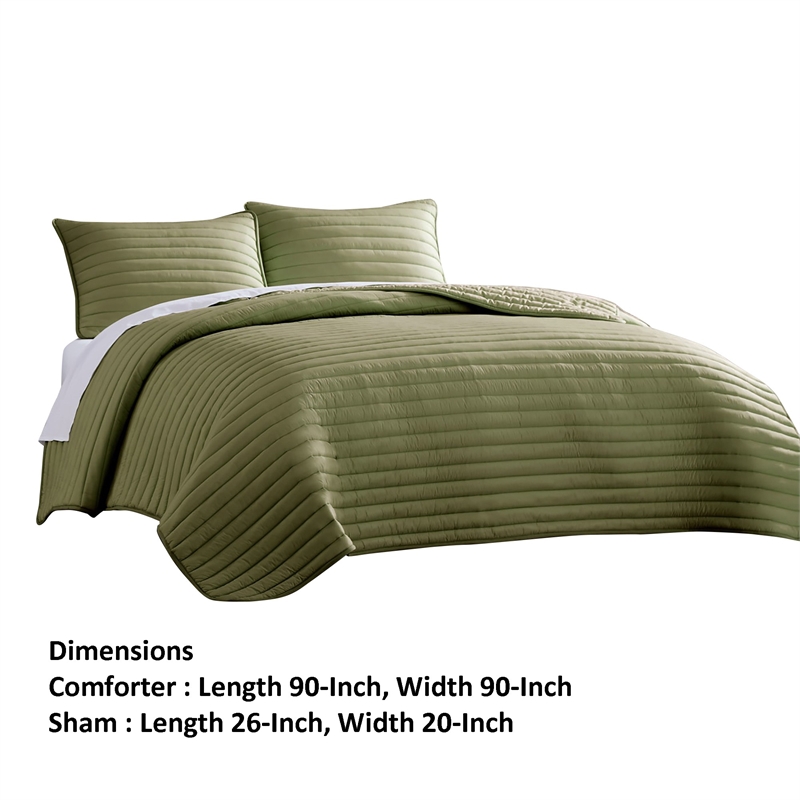 Benjara Cabe 3 PC Queen Comforter Set- Polyester Puffer Channel Quilted- Green