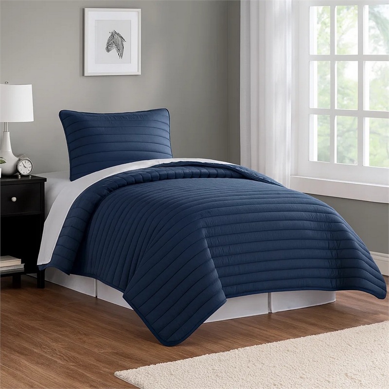 Benjara Cabe 2 PC Twin Comforter Set- Polyester Puffer Channel Quilted Navy Blue