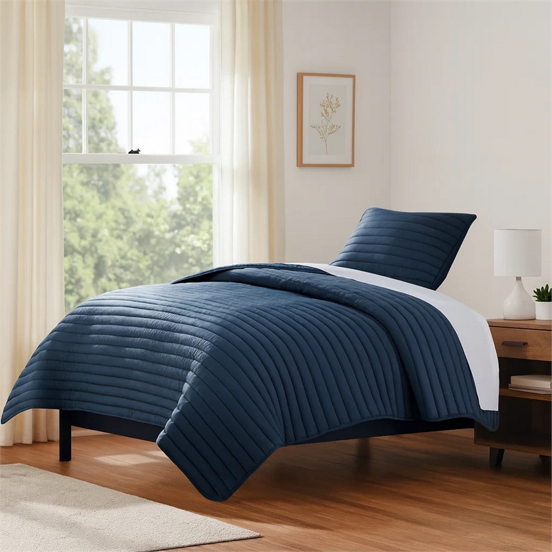 Benjara Cabe 2 PC Twin Comforter Set- Polyester Puffer Channel Quilted Navy Blue