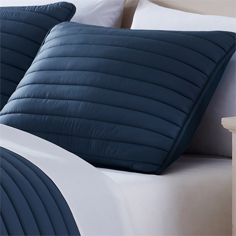 Benjara Cabe 3 PC Queen Comforter Set- Polyester Puffer Channel Quilt- Navy Blue