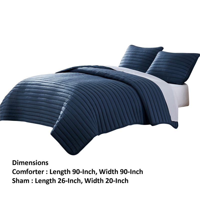 Benjara Cabe 3 PC Queen Comforter Set- Polyester Puffer Channel Quilt- Navy Blue
