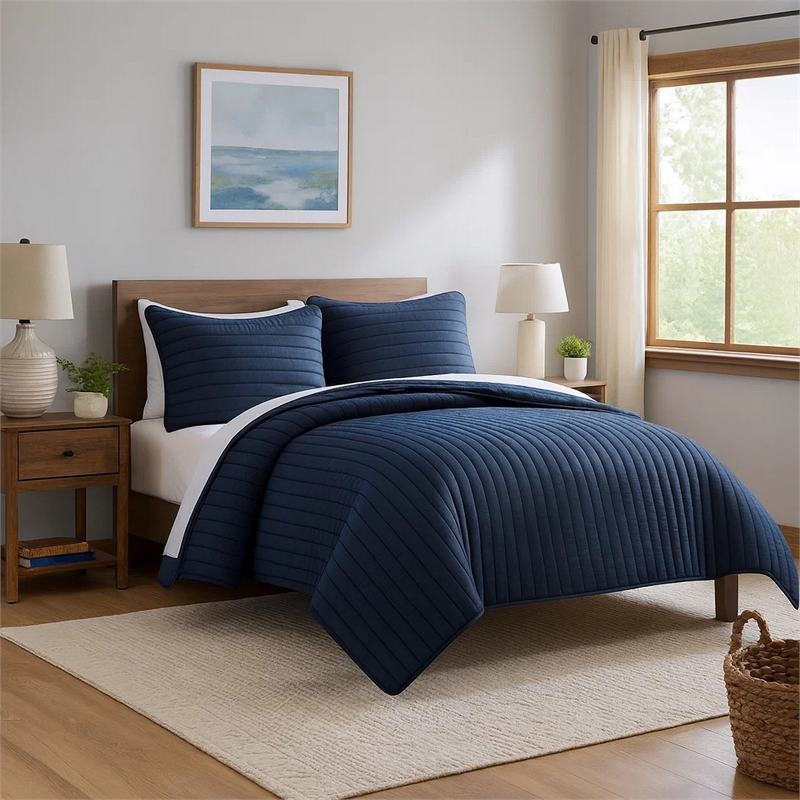 Benjara Cabe 3 PC Queen Comforter Set- Polyester Puffer Channel Quilt- Navy Blue