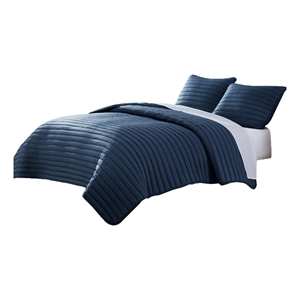 Benjara Cabe 3 PC Queen Comforter Set- Polyester Puffer Channel Quilt- Navy Blue