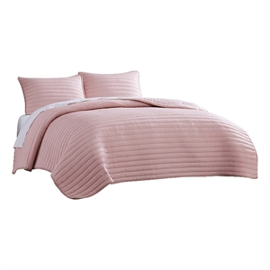 Benjara Cabe 3 PC Queen Comforter Set- Polyester Puffer Channel Quilt- Rose Pink