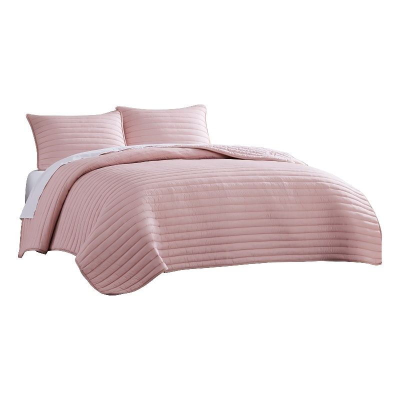 Benjara Cabe 3 PC Queen Comforter Set- Polyester Puffer Channel Quilt- Rose Pink