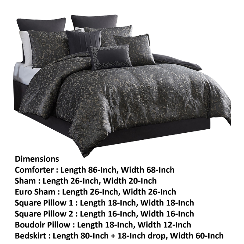 Benjara Pixie 9 PC Polyester Queen Comforter Set- Damask Pattern- Charcoal Gray