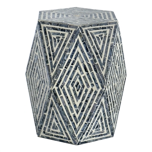Benjara 18&quot Accent Table Stool- Hexagonal Design- Diamond Pattern- Blue/White