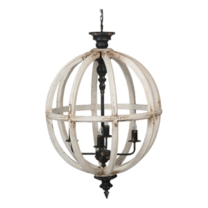 Benjara 24&quot 4 Light Chandelier- Round Fir Wood Frame- Iron- Antique White Black