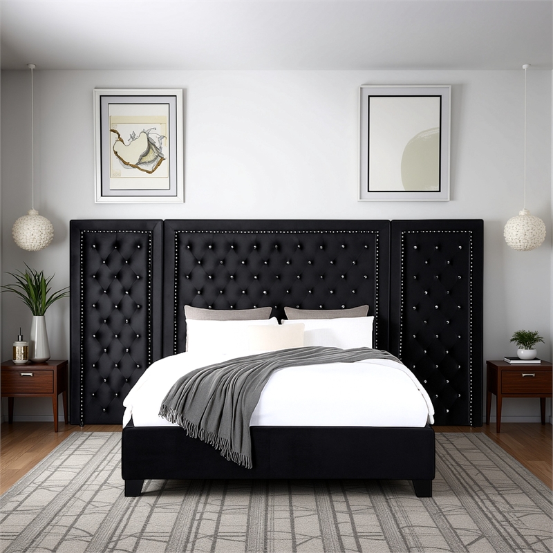 Benjara Cleo Queen Bed- Velvet- XL 3 Panel Tall Headboard- Crystal Tufted- Black