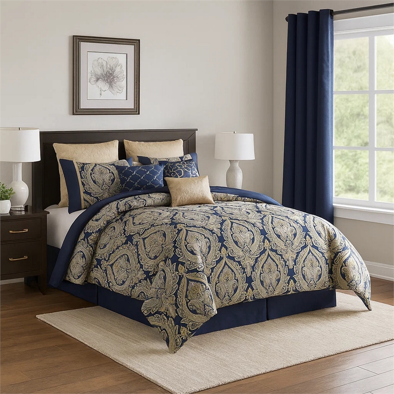 Benjara 9 Piece Polyester Queen Comforter Set- Gold Damask Print- Navy Blue