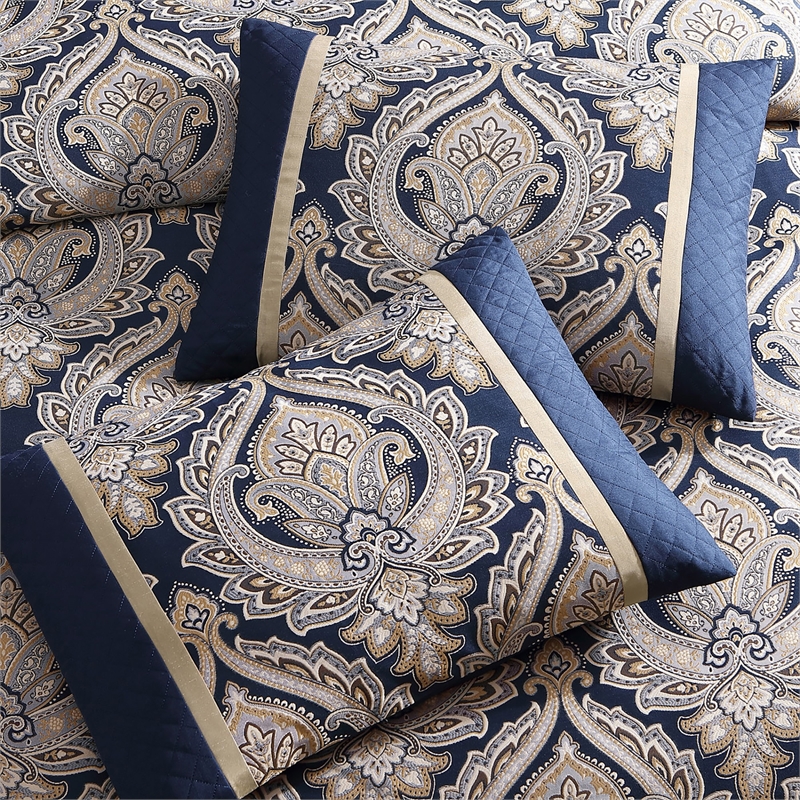 Benjara 9 Piece Polyester Queen Comforter Set- Gold Damask Print- Navy Blue