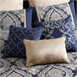 Benjara 9 Piece Polyester Queen Comforter Set- Gold Damask Print- Navy Blue
