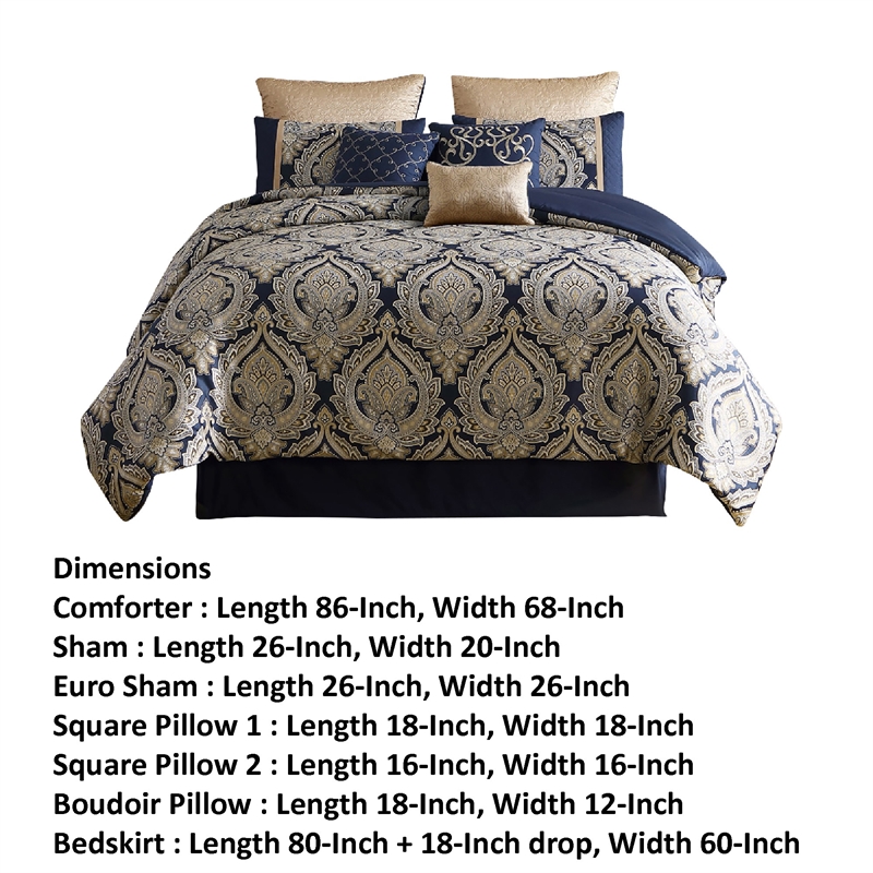 Benjara 9 Piece Polyester Queen Comforter Set- Gold Damask Print- Navy Blue