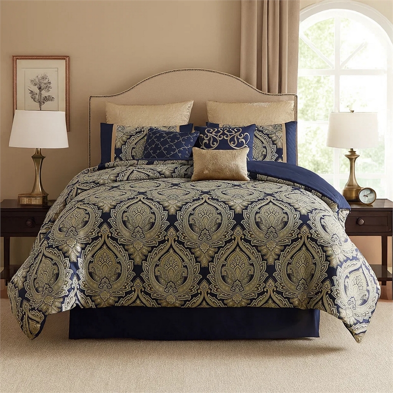 Benjara 9 Piece Polyester Queen Comforter Set- Gold Damask Print- Navy Blue