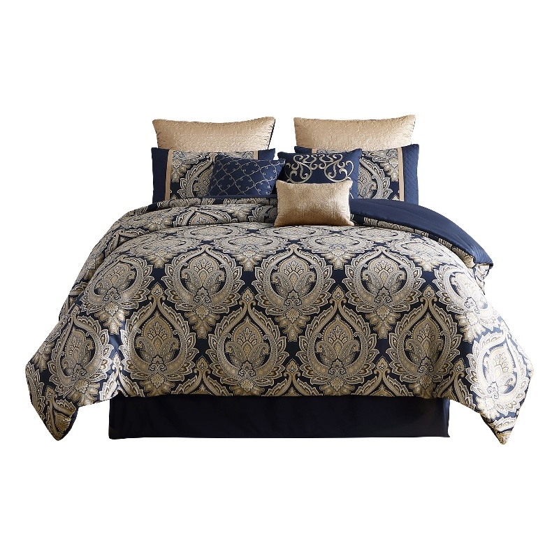 Benjara 9 Piece Polyester Queen Comforter Set- Gold Damask Print- Navy Blue