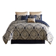 Benjara 9 Piece Polyester Queen Comforter Set- Gold Damask Print- Navy Blue