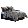 Benjara 9 Piece Polyester Queen Comforter Set- Gold Damask Print- Navy Blue