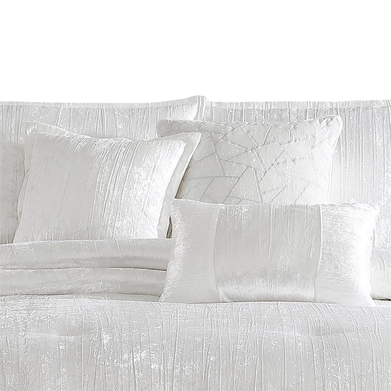 Benjara Jay 7 Piece Queen Comforter Set- White Polyester Velvet Deluxe Texture