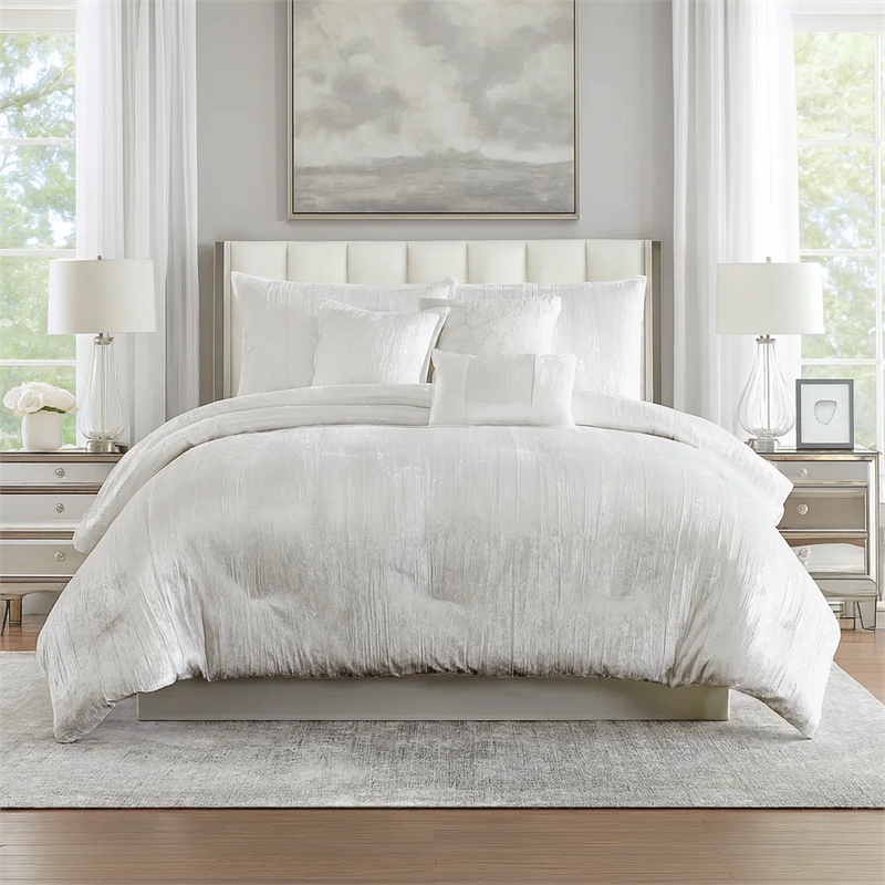 Benjara Jay 7 Piece Queen Comforter Set- White Polyester Velvet Deluxe Texture