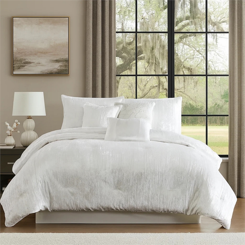Benjara Jay 7 Piece Queen Comforter Set- White Polyester Velvet Deluxe Texture