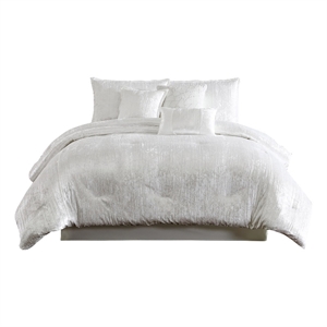 Benjara Jay 7 Piece Queen Comforter Set- White Polyester Velvet Deluxe Texture