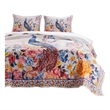 Benjara Tess Microfiber 3 Piece Full Quilt Set- Peacock- Floral Print-Multicolor