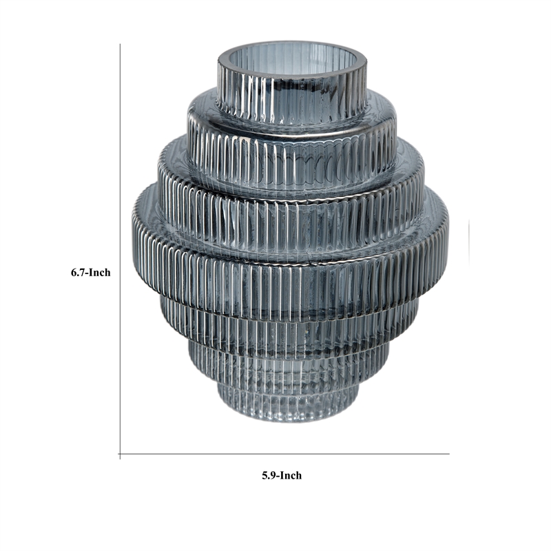 Benjara Rae Set of 2 Glass Vases- Geometric Round- Smokey Blue and Clear Finish