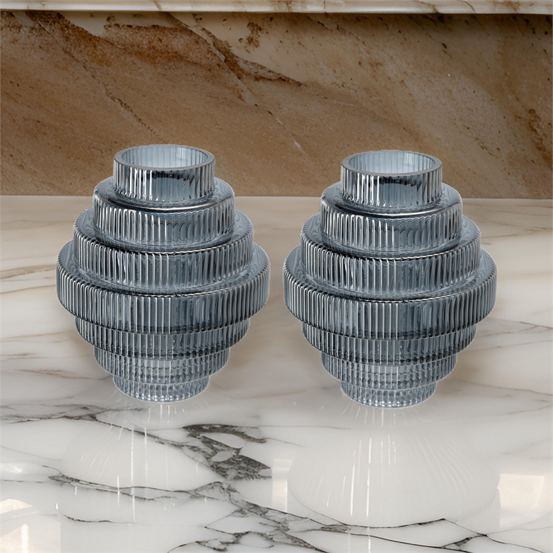 Benjara Rae Set of 2 Glass Vases- Geometric Round- Smokey Blue and Clear Finish