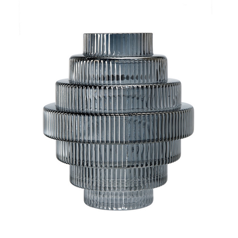 Benjara Rae Set of 2 Glass Vases- Geometric Round- Smokey Blue and Clear Finish