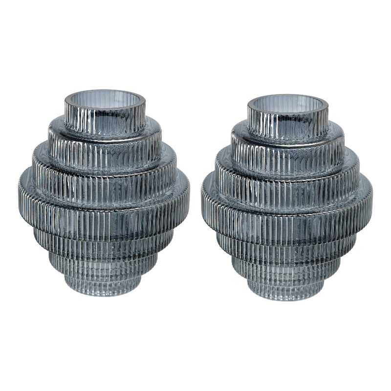 Benjara Rae Set of 2 Glass Vases- Geometric Round- Smokey Blue and Clear Finish