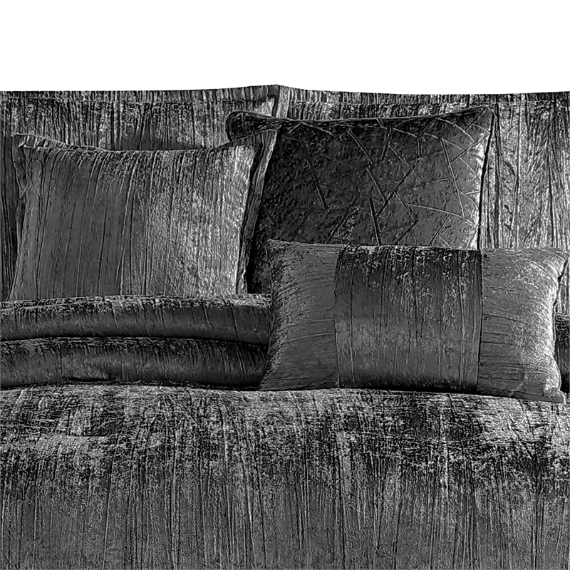 Benjara Jay 7 Piece Queen Comforter Set- Polyester Velvet Deluxe Texture- Gray